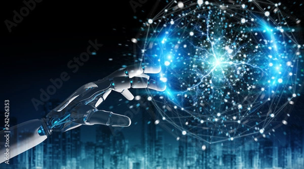 Obraz Intelligent robot humanoid using digital global network 3D rendering
