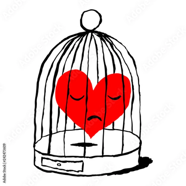 Obraz A red heart is sad in the cage for the bird isolated on white background. Greeting card for the holiday feast of Saint Valentine Day. Sketch drawing was drawn with the brush and ink.