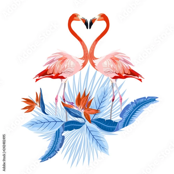 Fototapeta Two flamingos in love and tropical palm leaves, plants, bird of paradise. Romantic Valentine's Day template. Vector illustration isolated on white background. 