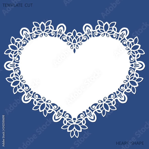 Fototapeta Greeting card with openwork border, paper doily under the cake, template for cutting in the form of heart, valentine card,  wedding invitation, decorative plate is laser cut,  vector illustrations.
