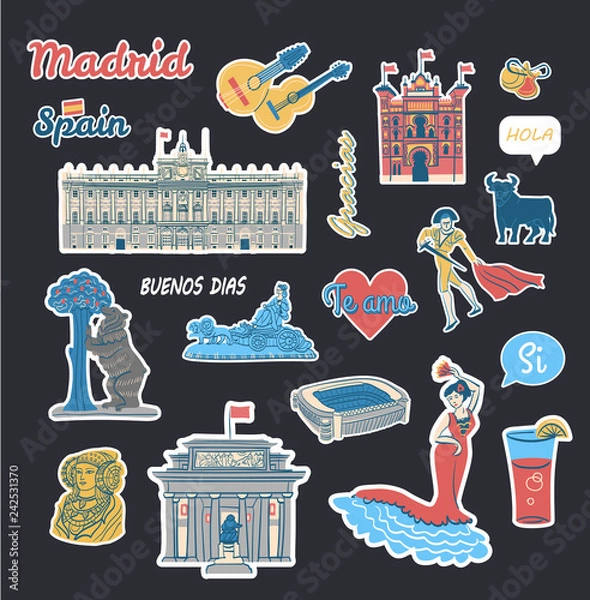 Obraz Vector stickers collection with symbols and buildings of Spain and text phrases in spanish language. Isolated vector clipart set with famous attractions such as Prado museum and Royal palace