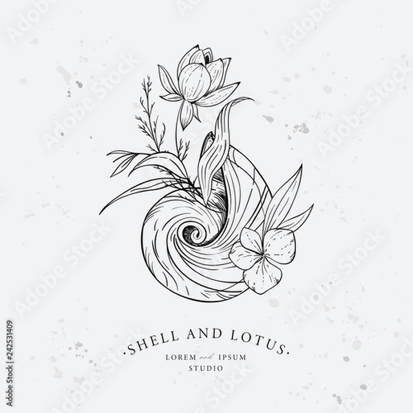 Fototapeta Shell entwined with algae and lotus flower. Marine logo concept on grunge background. Hand drawn vector illustration.