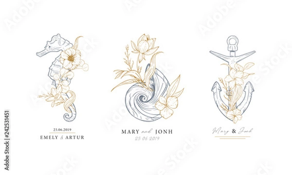 Fototapeta Set of nautical logos. Seahorse, shell and anchor entwined with algae and flowers. Marine logos concept on grunge background. Hand drawn vector illustrations.