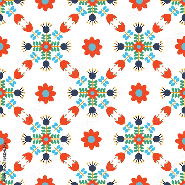 Fototapeta Vector Modern Scandi Daisy Floral Seamless pattern background Repeat Wallpaper Red and Blue