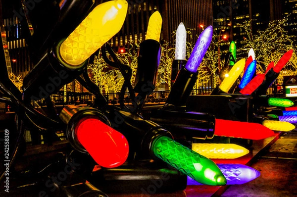 Obraz Christmas tree lights decoration on Sixth Avenue in Manhattan. Christmas famous decorations in the Midtown, Manhattan in the New York City downtown area.