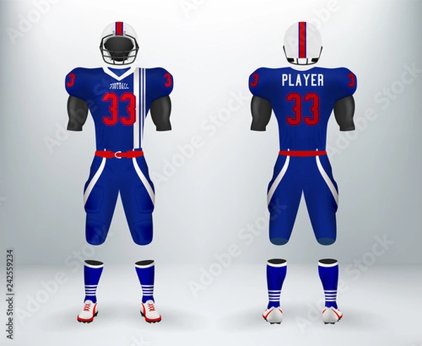 Fototapeta 3D realistic of font and back of blue and white American rugby football jersey uniforms sets. Concept for  American football apparel mock up for collage championships in vector illustration 