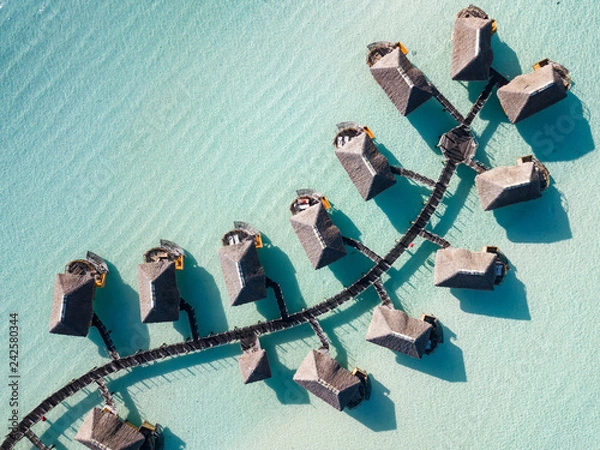 Obraz Luxury overwater villas with coconut palm trees, blue lagoon, white sandy beach at Bora Bora island, Tahiti, French Polynesia