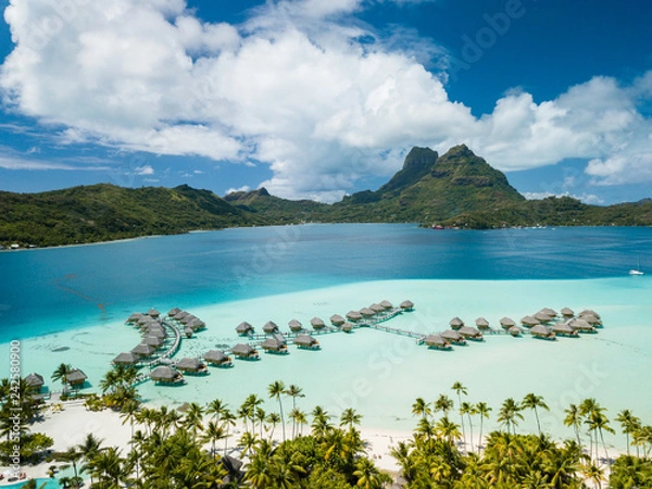 Fototapeta Aerial image from a drone of blue lagoon and Otemanu mountain at Bora Bora island, Tahiti, French Polynesia, South Pacific Ocean (Bora Bora Aerial).