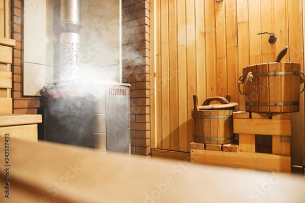 Obraz Interior of Finnish sauna, classic wooden sauna, Relax in hot sauna
