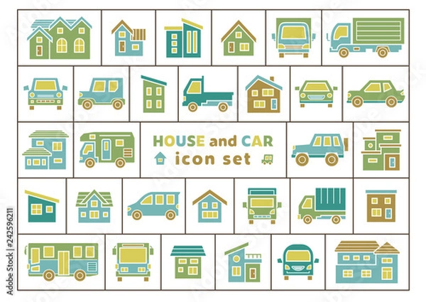 Obraz 車と家のアイコンセット(シルエットカラー)