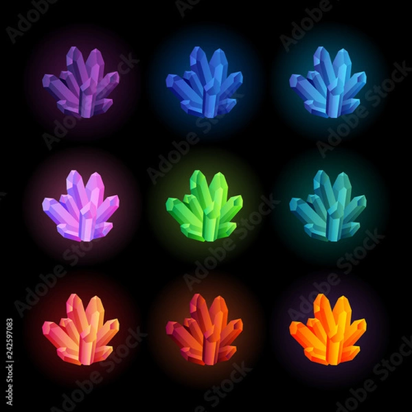 Obraz Set of 9 different colored glowing crystals, gemstones, gems. Vector gui assets collection in cartoon style for game design isolated on white background.