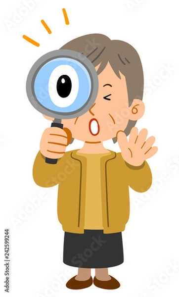 Obraz 虫眼鏡を覗いて驚く中年女性　シニア　
