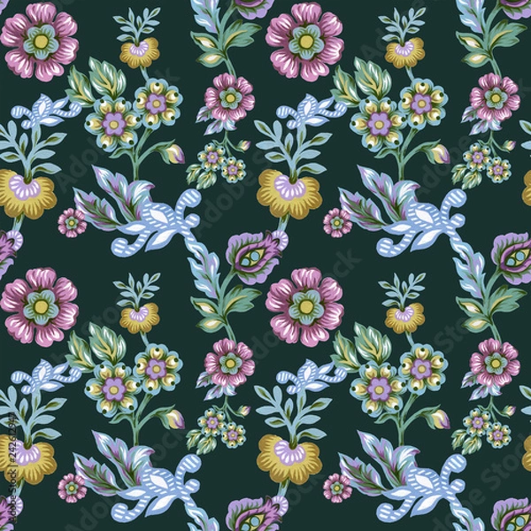 Fototapeta Seamless pattern with abstract fantasy flowers and leaves Paisley or Damask jacobean style Watercolor Gouache