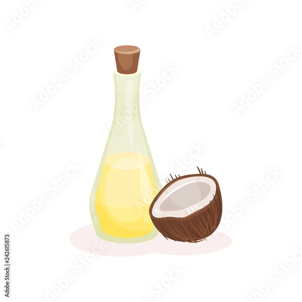 Fototapeta Glass bottle of oil and half of ripe coconut. Natural product. Cooking and cosmetics theme. Flat vector design