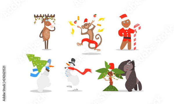 Fototapeta Funny Christmas characters for winter Holidays design, reindeer, monkey, gingerbread, snowmen, gorilla and palm tree vector Illustration