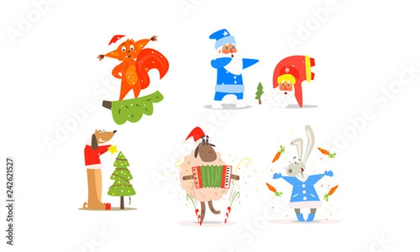 Fototapeta Funny Christmas characters for winter Holiday design, New year and Christmas collection vector Illustration