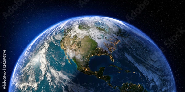 Fototapeta Planet Earth with detailed relief and atmosphere. Day and Night. North and Central America. 3D rendering. Elements of this image furnished by NASA