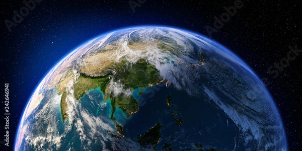 Fototapeta Planeta Ziemia ze szczegółowym reliefem i atmosferą. Dzień i noc. Azja. Renderowanie 3D. Elementy tego zdjęcia dostarczone przez NASA