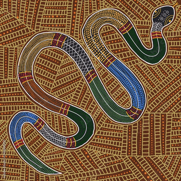 Fototapeta Australian Aboriginal styled dot painting artwork. A snake. Original digital illustration.