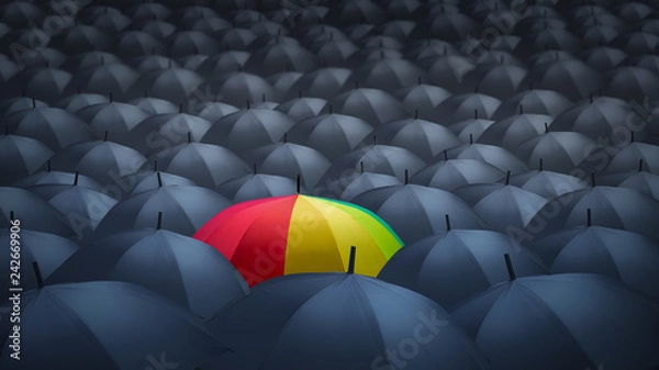 Obraz businessman with colorful rainbow umbrella among others, unique different concept