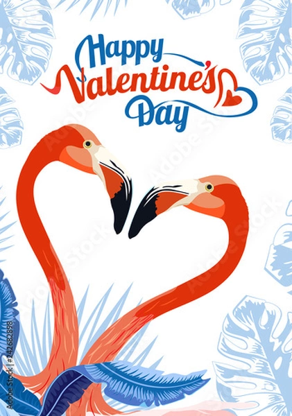 Fototapeta Happy Valentine's Day card set. Exotic flamingo and tropical palm leaves, plants. Design element for card, poster, banner, and other use. 