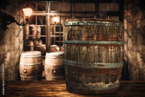 Obraz Retro wooden barrel on desk and free space 