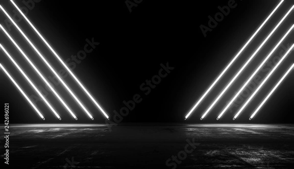 Obraz Neon Glowing Lights Futuristic Background. White colors Line In Empty Dark Room With Concrete Floor and Reflections.Future Sci Fi Concept. 3D Rendering Illustration