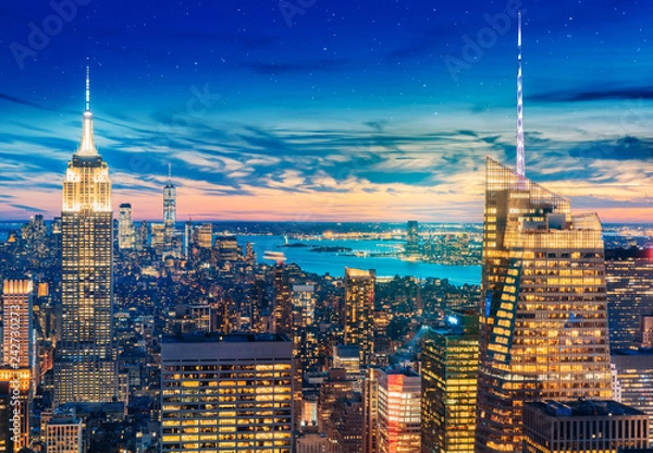 Fototapeta wspaniały panoramiczny widok z lotu ptaka na Manhattan z zachodem słońca