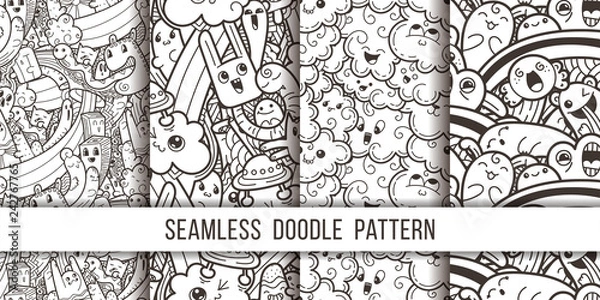 Fototapeta Collection of funny doodle monsters seamless pattern for prints, designs and coloring books