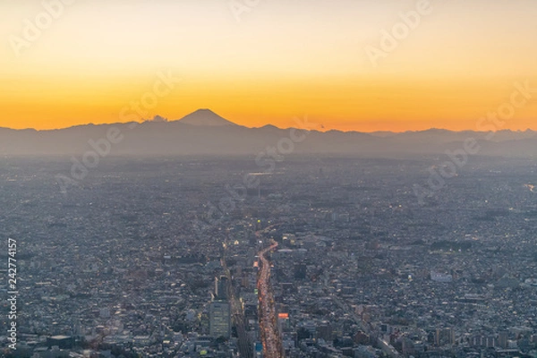 Obraz 夕焼け空と富士山の空撮