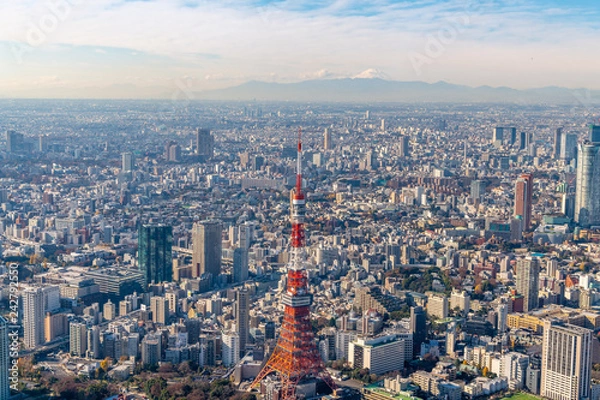 Obraz 東京タワーと富士山の空撮