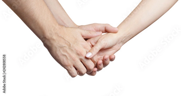 Obraz Man and woman holding hands, isolated on white background