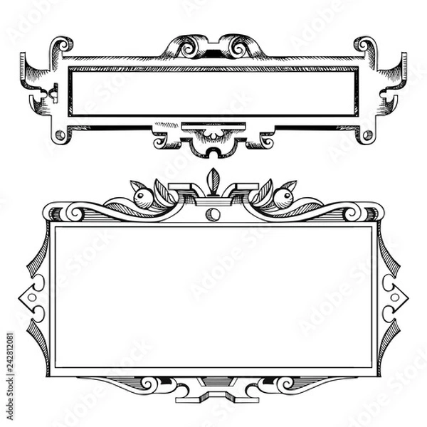 Obraz Cartouche for an old geographical map. Ancient frame for the signature. Hand-drawn sketch vector