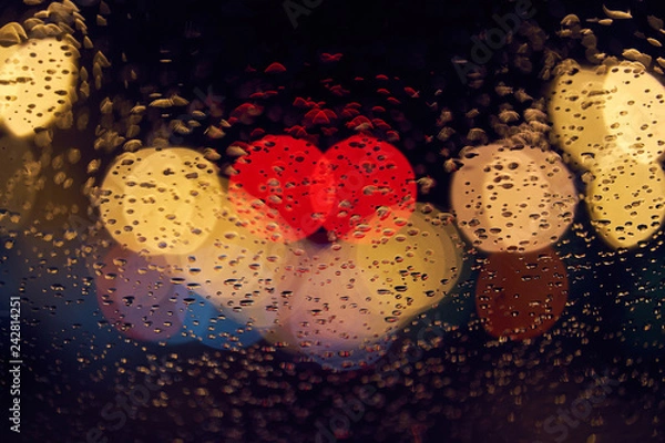 Fototapeta Rain on Windshield at Night in City