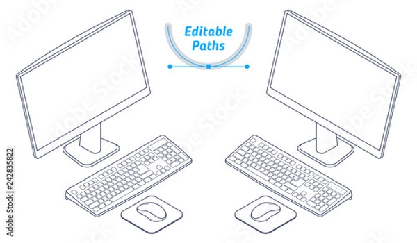 Obraz Izometryczny model szkieletowy biurowego komputera stacjonarnego. Zarys ilustracji 3d z edytowalnymi ścieżkami. Rysunek techniczny firmowego komputera osobistego. Komputer PC z klawiaturą, monitorem, myszą.