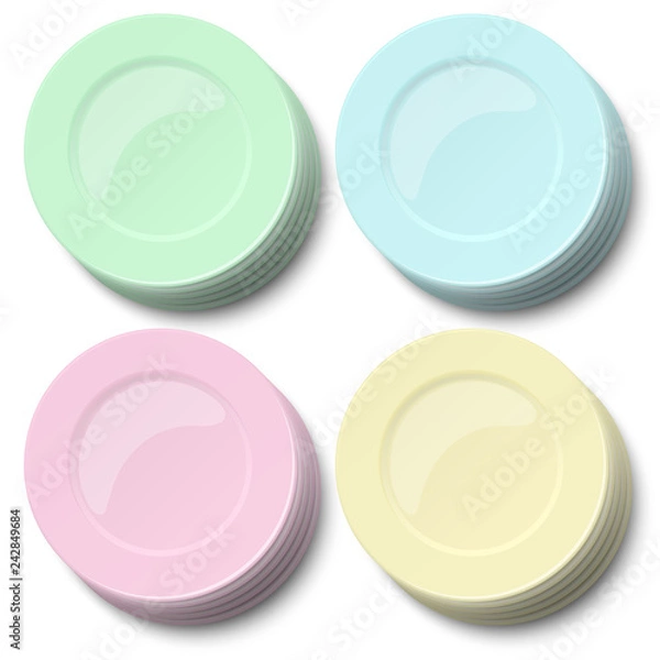 Fototapeta Set of empty classic plates, dishes of different colors - light green, blue, rosy, yellow standing one on other in a pile and isolated on white background. View from above. Vector illustration.