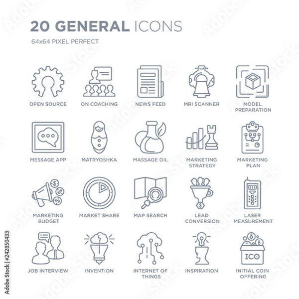 Obraz Collection of 20 General linear icons such as open source, on coaching, internet things, invention, job interview line icons with thin line stroke, vector illustration of trendy icon set.