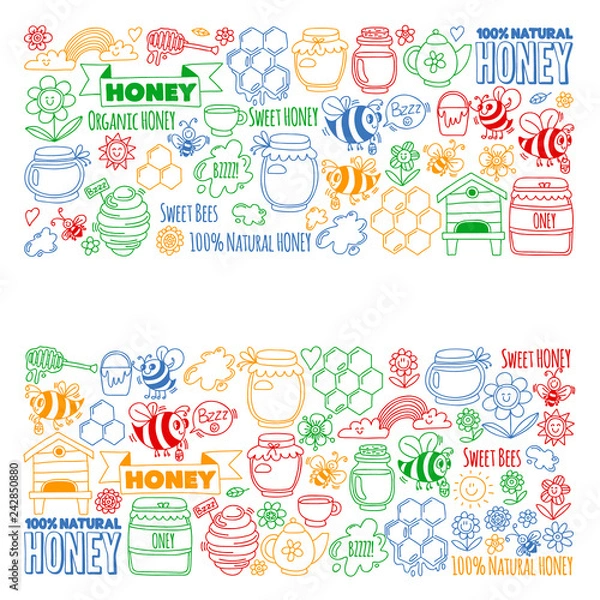 Fototapeta Vector image of bees, organic farm honey. Pattern with summer flowers. Healthy food.