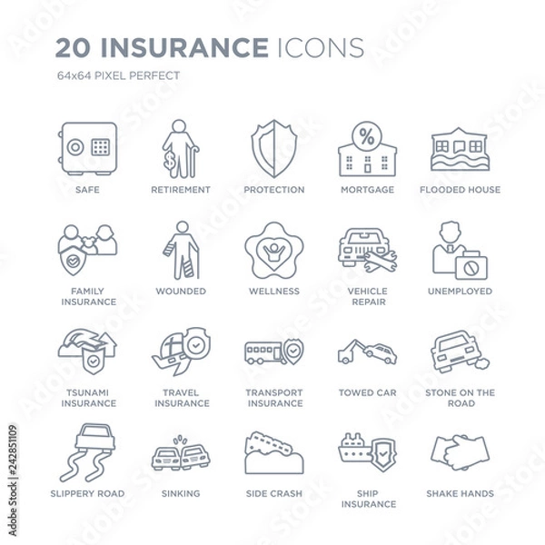 Fototapeta Collection of 20 Insurance linear icons such as Safe, Retirement, Side crash, Sinking, Slippery road, Flooded house line icons with thin line stroke, vector illustration of trendy icon set.