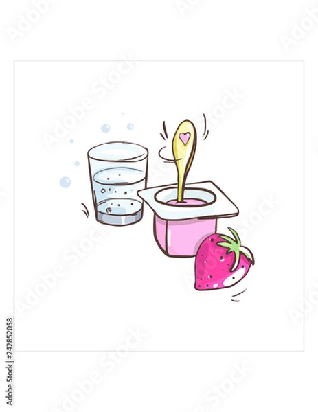 Obraz Yogurt drawing, spoon, heart, strawberry, water glass, children