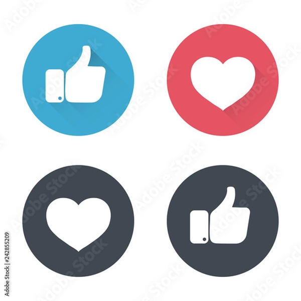 Fototapeta Thumbs up and heart icon in a flat design. New like and love icons of Empathetic. social media icon