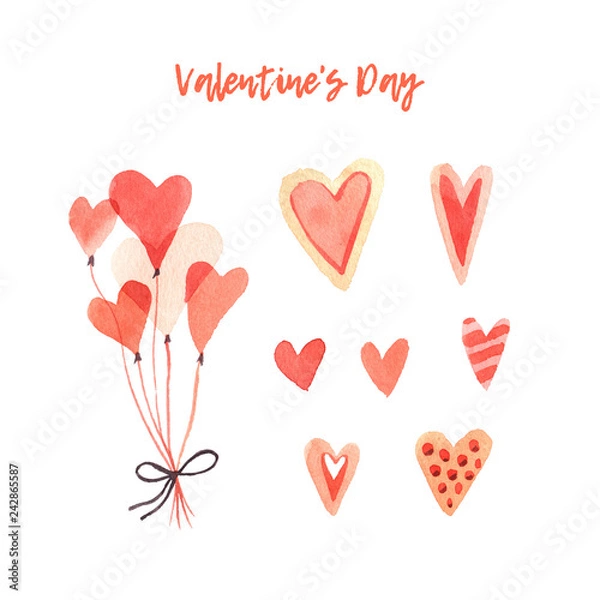 Fototapeta Watercolor set with elements for Valentine's Day.  Hearts, sweets, balls, gifts and other cute items.