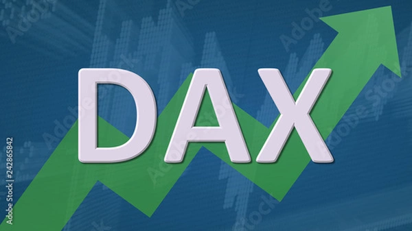 Fototapeta The German blue chip stock market index DAX is going up. A green zig-zag arrow behind the word DAX on a blue background with a stock market chart shows upwards, symbolizing a price rise or growth.