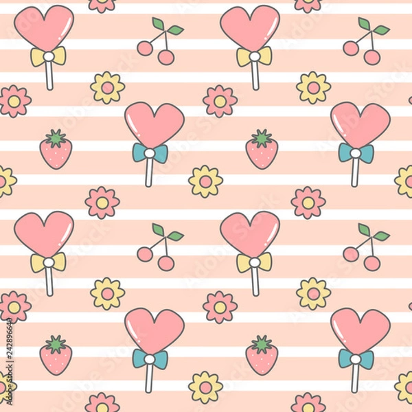Obraz cute lovely seamless vector pattern background illustration with heart lollipops, daisy flowers, cherries and strawberries