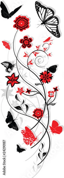 Obraz Floral ornament with butterflies, red and black