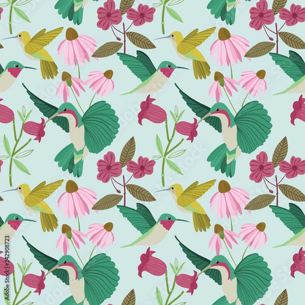 Fototapeta Vector colorful hummingbirds seamless pattern on light blue background.
