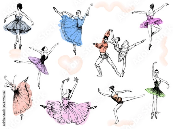 Fototapeta Big set of hand drawn sketch style abstract ballet dancers isolated on white background. Vector illustration.