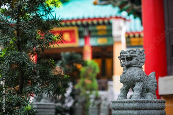 Fototapeta Close up Chinese Lion or dragon stone figurine on blurred temple background