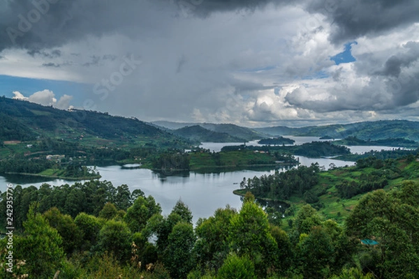 Fototapeta Panoramic view from Bunyonyi lake in Uganda