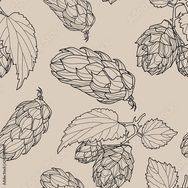 Fototapeta Hand drawn Hops Seamless pattern. Common hop or Humulus lupulus branch with leaves and cones. Vector Illustration.